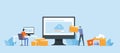 Business Flat vector design technology file upload backup on cloud server concept. Business team working with computer monitor. Il Royalty Free Stock Photo
