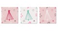 Set of banners with pink and green Christmas trees and gingerbread patterns. Royalty Free Stock Photo