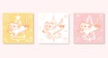 Banners set with tiger, Christmas trees and gingerbread patterns on pink, yellow and white background.