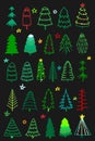 Vector set of green, red, yellow and blue christmas trees with garlands and stars.