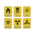 Danger warning circle yellow sign. Radiation sign, Toxic sign and Bio hazard vector icon. Royalty Free Stock Photo
