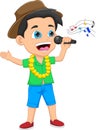 Cartoon boy singing on white background Royalty Free Stock Photo