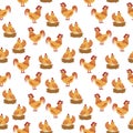 A children`s vector pattern with a chicken hatching eggs and a rooster standing next to it, on a white background. Royalty Free Stock Photo