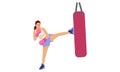 Muay Thai flat illustration. Sport girl exercise Muay Thai training with kneeling boxing sandbag