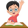 Cartoon schoolboy raising hand on white background Royalty Free Stock Photo