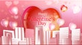 Poster for valentine\'s day. Pink city and big heart.