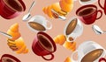 seamless pattern - French breakfast, with croissants, coffee, cups and spoons.