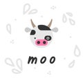 Vector illustration card, poster or postcard with cow and lettering word of cow sounds.