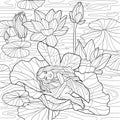 Cute cartoon little elf girl sleeping in lotus leafs and flowers sketch template. Fairy creature vector illustration in black and Royalty Free Stock Photo