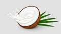 Halved coconut fruit with milk splash and palm leaves