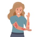 Woman with strong allergy symptoms. Cartoon sad character scratching skin, itching and suffering. Virus disease and eczema concept