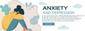 Anxiety and depression website banner. Sad woman. Cyber bullying. Online abuse concept. Teenager sitting on the floor and crying.