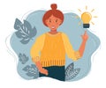 Vector illustration of young woman have idea. Girl having solution, ideas lamp bulb metaphor above. Creative thinking. Solved ques