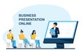 Online business conference, creative illustrations, businessmen, online joint meeting, team thinking and brainstorming, company in