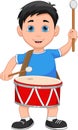 Little boy playing drum on white background Royalty Free Stock Photo