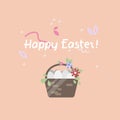 Vector easter background with cute illustration with basket of eggs, lettering text Royalty Free Stock Photo