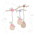 Vector ester cute flat Illustration with composition of twigs and easter eggs, leafs, flowers