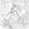 Realistic unicorns creatures in the middle of the magic forest sketch template. Cartoon horse and baby in front of the moon trees