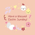 Vector cute frame for easter postcard with simple lettering and little illustration of hen, chick, eggs, leafs and flowers Royalty Free Stock Photo