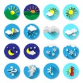 Set of Colorful Weather Report Forecast Round Flat Icons with Long Shadow for Print, Web or Mobile App Royalty Free Stock Photo