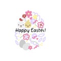 Vector simple illustration with lettering text, hen, chick, eggs, flowers and simple doodles.