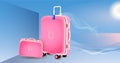 Pink glamorous luggage against the sky. Travel banner template