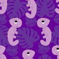 Childish seamless pattern with cartoon chameleons on monstera leaves