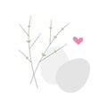 Vector simple flat easter illustration with twigs, blossom willow, leafs and eggs.