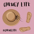 Cheugy life. Brimmed hat and flip flops are cheuglife elements. Millenial trends. Quotes about old-fashioned and untrendy stuff. Royalty Free Stock Photo