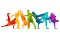 Detailed vector illustration silhouettes of expressive dance colorful group of people dancing. hip-hop, house. Dancer m Royalty Free Stock Photo