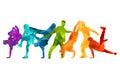 Detailed vector illustration silhouettes of expressive dance colorful group of people dancing. hip-hop, house. Dancer m Royalty Free Stock Photo