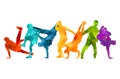 Detailed vector illustration silhouettes of expressive dance colorful group of people dancing. hip-hop, house. Dancer m boys Royalty Free Stock Photo