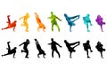 Detailed vector illustration silhouettes of expressive dance colorful group of people dancing. Jazz funk, hip-hop, house. Dancer m