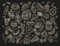 Set of fast food icons on black background hand drawn in the doodle styleeb. Royalty Free Stock Photo