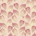 Vector seamless spring pattern with falling pastel color leaves on baige background. Royalty Free Stock Photo