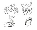 Symbols of the world of kindness and love.The dove carries an olive branch.Hands protecting the planet.Peace to the world