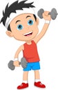 Cartoon little boy exercising with dumbbells