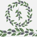 Vector set of round wreath with brackberries on foliate twig, seamless border with blackberries and berry foliate twig.