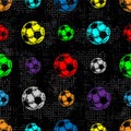 Multicolored soccer balls, geometric elements and grunge texture. seamless pattern Royalty Free Stock Photo