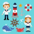 Cute marine boy and girl with navy object collection set