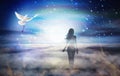 Soul journey, peace key dove, bright light from heaven, Way, path to God Royalty Free Stock Photo