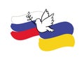 Flags of Ukraine and Russia with dove of peace icon.Vector.Faith and Hope
