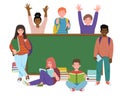 Children with school supplies on the background of the school board.Happy students of different nationalities are holding books. Royalty Free Stock Photo