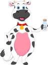 Cartoon cute cow holding milk in a bottle