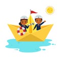 Cute boy and girl in sailor uniform sailing with origami boat Royalty Free Stock Photo