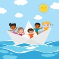 Children sailing with origami boat on the sea Royalty Free Stock Photo