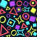 Retro geometric 3d flat colorful seamless pattern with cubes, circles, triangles, squares and stars. Royalty Free Stock Photo