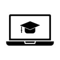 Web E-Graduation. Laptop and graduation cap, online graduation symbol. Study from home. Isolated on a blank, editable and changeab