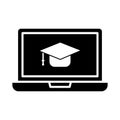 E-Graduation. Laptop and graduation cap, online graduation symbol. Study from home. Isolated on a blank, editable and changeable b