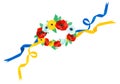 Traditional Ukrainian wreath of red poppies and cornflowers with blue and yellow ribbons. Ukrainian symbol.